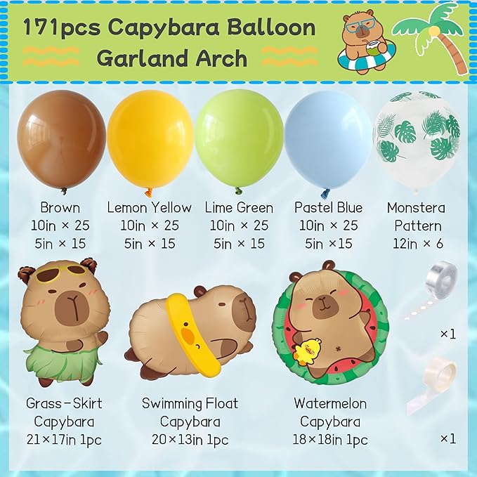 171pcs Capybara Birthday Decorations, Brown Blue Green Capybara Balloon Arch Kit, with Cute Capybara Balloons for Capybara Party Supplies Gender Reveal Baby Shower Summer Party Decor