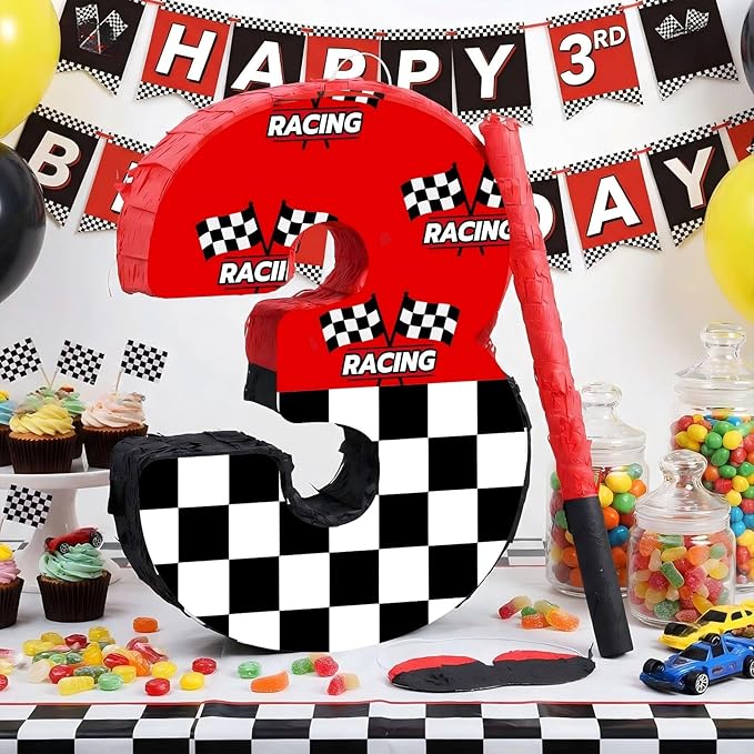 Red 3 Race Car Piñata Pull String Cars Piñatas for Birthday Party Decorations Number 2 3 4 5 6 with Blindfold Stick Small Red Black Racing Theme 2nd 3rd 4th 5th 6th Party Supplies