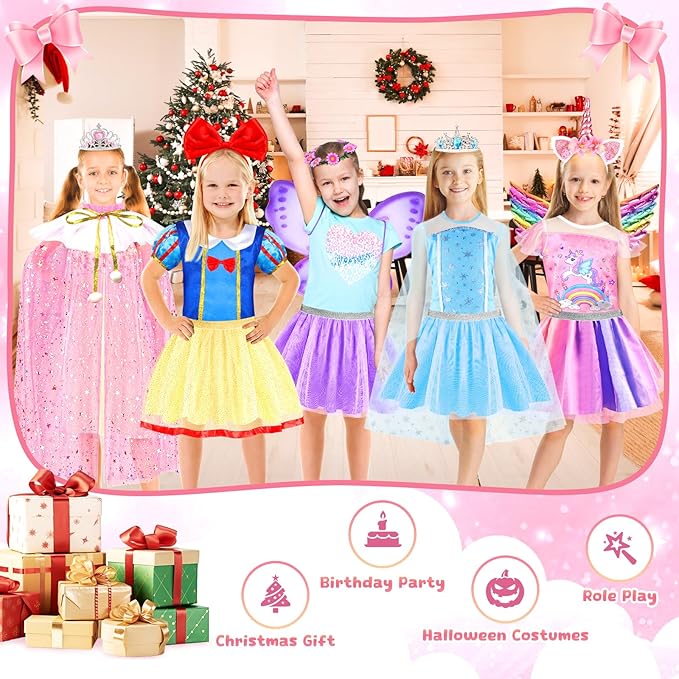Princess Dress Up, Toddler Dress Up with Princess Costumes and Toys, Butterfly & Unicorn Dress with Fairy Wings, Pretend Play for Toddlers 3-6, Halloween Christmas Birthday Gift for Kids