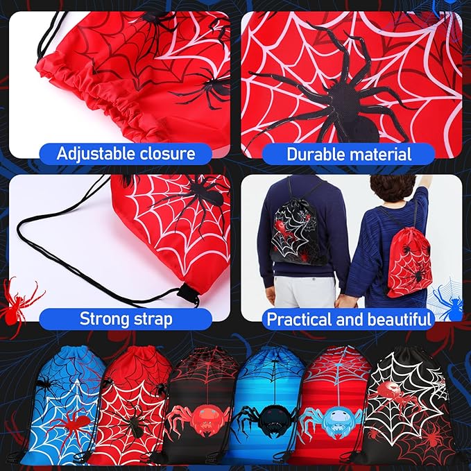 48 Pcs Spider Party Favors Spiderweb Birthday Party Supplies Hero Decorations for Guests Including Drawstring Gift Bags Cups and Wristbands for Christmas Birthday Gift Favors