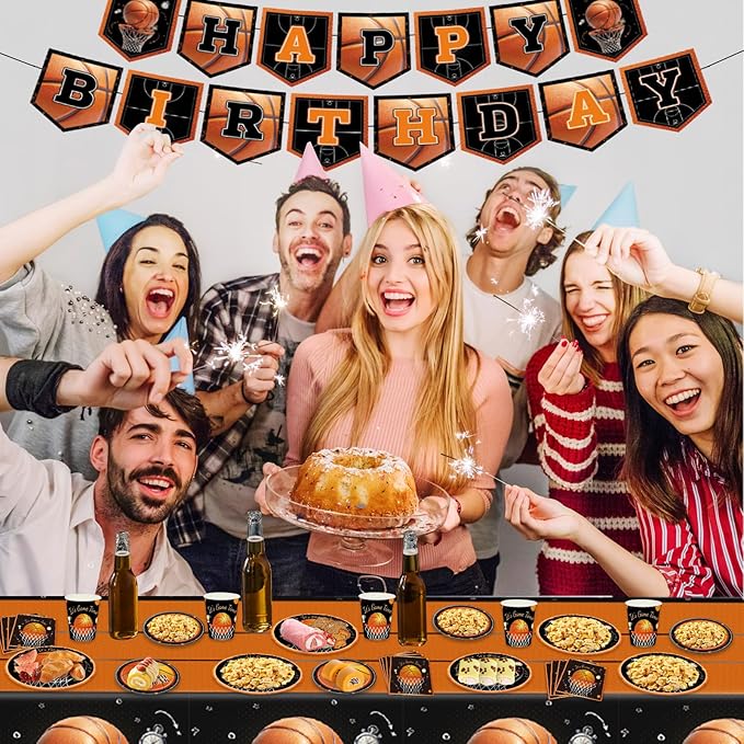 Basketball Party Decorations 98Pcs Basketball Birthday Party Decorations Suppiles Set Include Dinner Plates, Dessert Plates, Napkins, Cups, Banner and Tablecloth Basketball Theme Party Favors Kit