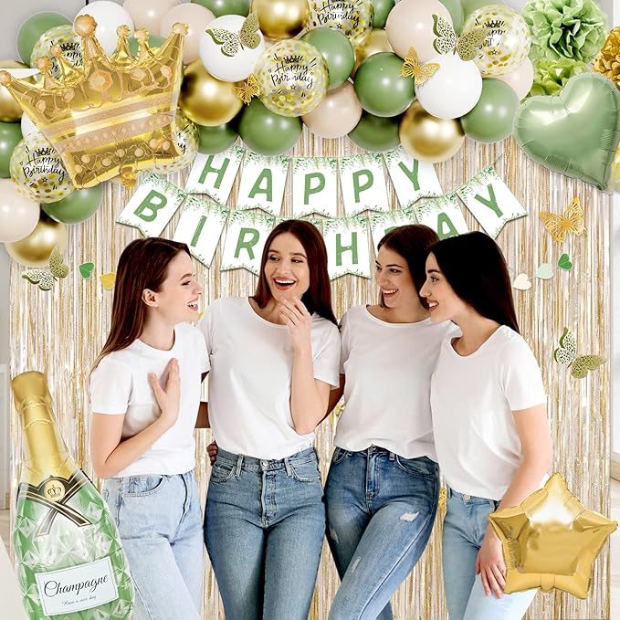 Ouddy Life Sage Green Birthday Decorations Green White Gold Confetti Balloon Fringe Curtain Happy Birthday Banner Cake Topper for Women Girls Boys Neutral Boho Safari Wild Party Supplies