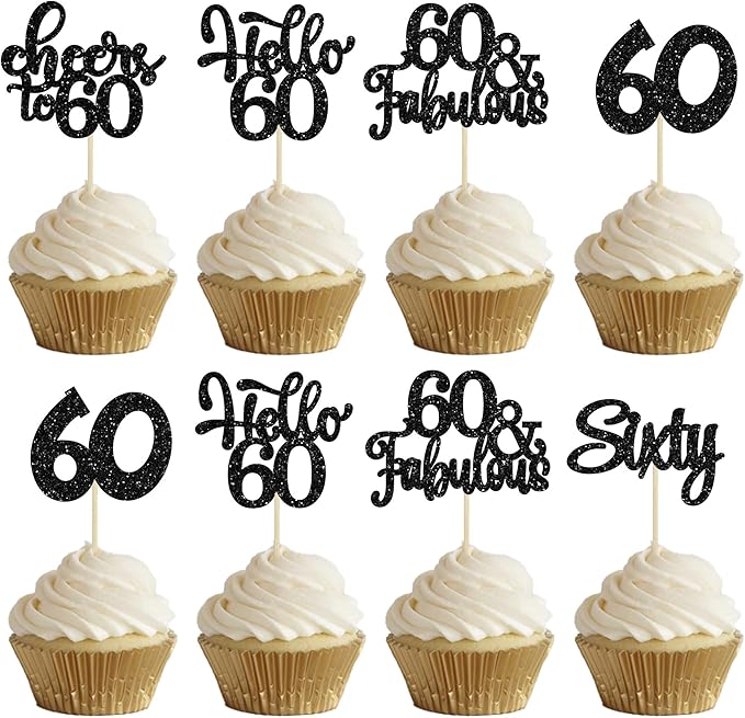30pcs Happy 60th Birthday Cupcake Toppers - Black Glitter Sixty Cake Toppers - Cheers to 60 Years Old Cupcake Picks for Anniversary Party Cake Decorations