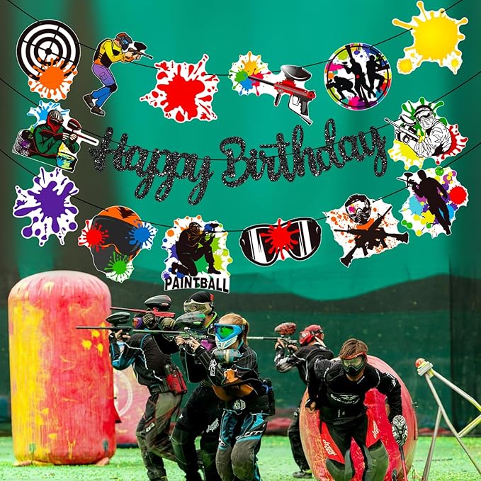 Paintball Happy Birthday Banner Glitter Black Paintball Birthday Party Decorations 2PCS Paintball Themed Shooting Game Banner Decor for Paint Ball Splatter Splash Party Supplies