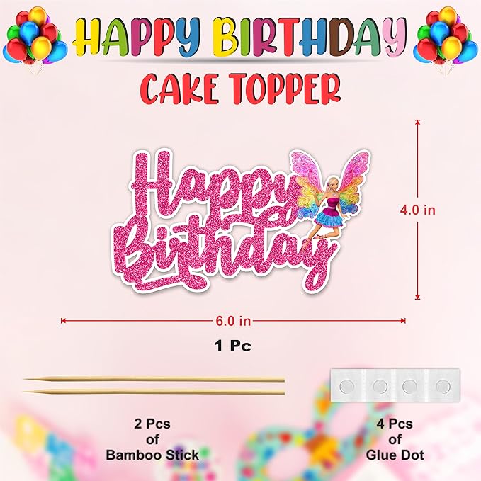 Barbe Happy Birthday Cake Topper - Glam Fashion Doll Theme Design, Stylish Pink Party Cake Decoration for Birthday Celebration, Trendy Dessert Table Display, Photo Prop, Cake Centerpiece
