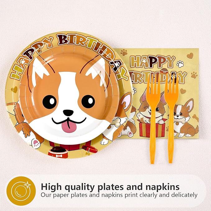 96Pcs Corgi Welsh Dog Birthday Party Decoration Cartoon Puppy Plates and Napkins Cute Corgi Themed Tableware Set for Kids Birthday Baby Shower Pets Dog Gotcha Day Party Supplies, Serves 24