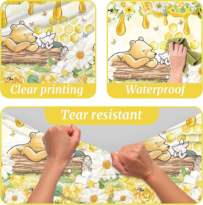 3PCS Winnie Bear Baby Shower Tablecloths, Kids Boys Girls Birthday Party Decorations Spring Classic Winnie Bear Neutral Table Cover Party Supplies -54x108IN