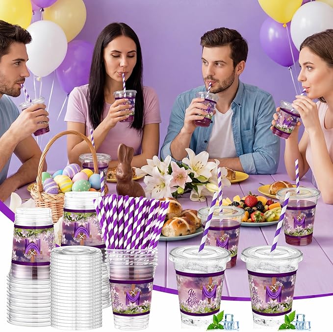 50 Set Easter He Is Risen Disposable Plastic Cups 12 oz with Lids Straws Religious Christian Easter Party Drinking Cups Spring Lily Floral Drinkware for Egg Hunt Holiday Party Supplies