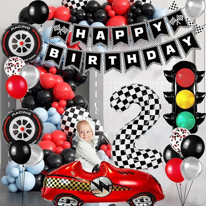 Race Car Birthday Party Decorations, with 40 Inch Number 2 Balloon, Happy Birthday Banner, Traffic Light and Foil Tire Balloon for 2nd Car Themed Birthday Party Supplies