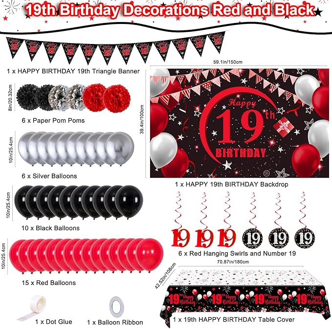 19th Birthday Decorations for Boys Men Girls, Happy 19th Birthday Banner Backdrop Red and Black, 19 Birthday Decorations Balloons Triangle Flag Tablecloth, 19 Year Old Boy Bday Party Supplies Decor