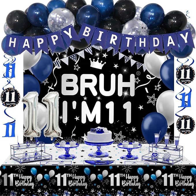 11th Birthday Decorations for Boys & Girls, 54 PCS Blue Black Party Decorations, 11 Year Old Boy Birthday Party Supplie with Banner Backdrop, Hanging Swirls, Tablecloth, Bruh I'm 11 Party Supplies