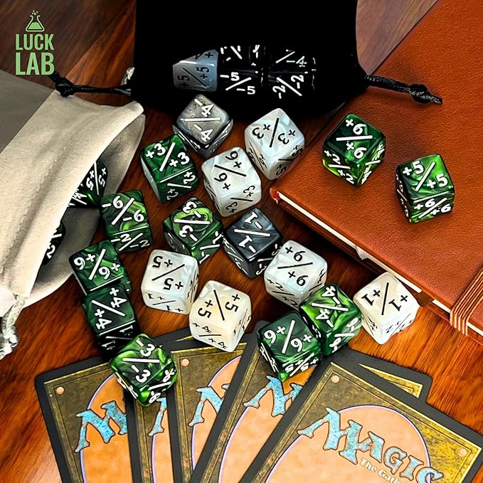 Luck Lab MTG Magic Life Counter Dice - 48 PCS Compatible w/Magic Card Game Accessories, CCG Creature Stats w/ 2 Dice Bags (Green Swirl, White Pearl, Black Pearl)