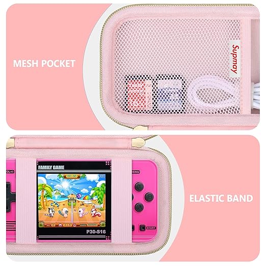 Supmay Carrying Case Compatible with WELLST·G Handheld Game for Kids -Preloaded 220 Retro Video Games, Portable Gaming Player Storage Holder Travel Bag with Mesh Pocket for USB Cable, Pink