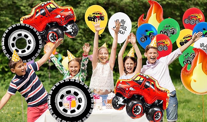 Monster Truck Theme Birthday Party Decorations Wheels Balloons Fire balloons Happy Birthday Truck Shaped Balloons for Girls Boys Birthday Baby Shower Wedding Party Supplies