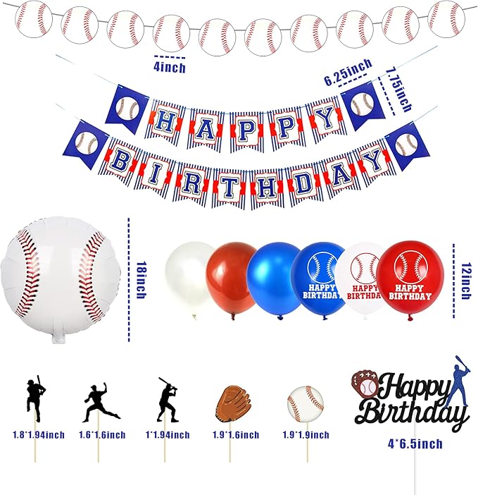 53 PCS Baseball Party Decorations Baseball Party Supplies Including Happy Birthday Banner Balloons and Baseball cake toppers for Sports Theme Birthday Party and Baseball Theme Party Decor