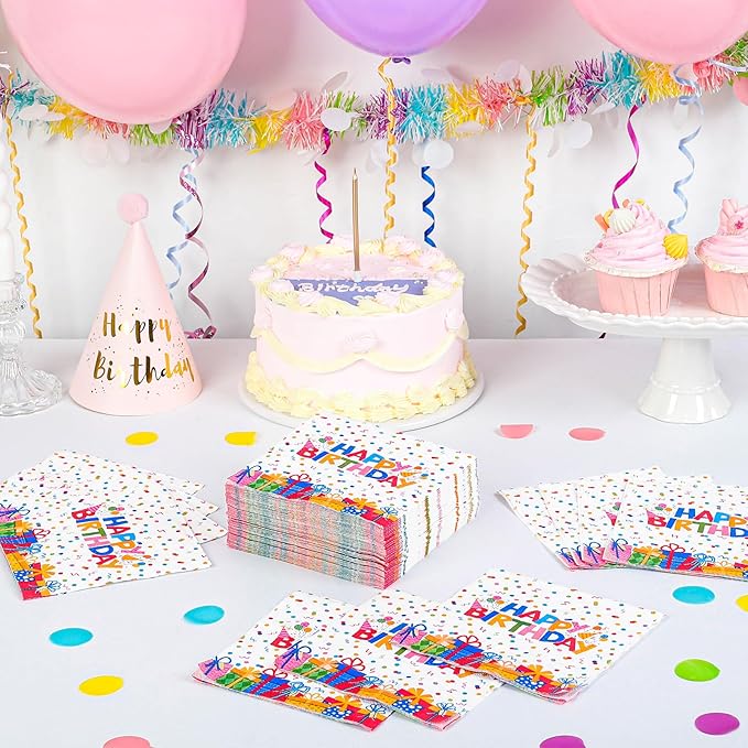 100 Pcs Happy Birthday Napkins Kids 5X5 Inch Rainbow Birthday Cocktail Napkins with Colorful Dots and Gift Boxs Pattern Design, Birthdays Party Supplies Suitable for Women & Kids