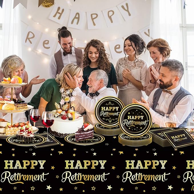 41pcs Retirement Party Supplies ,include 20pcs 7inch Dessert plate, 20 Napkin and 1pcs Tablecloth,Used for Black Gold Retirement Party Decoration