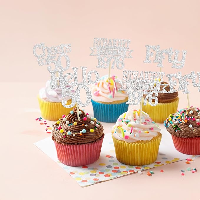 Ephlyn 24Pcs Happy 50th Birthday Cupcake Toppers Glitter Straight Outta 1976 Cupcake Picks Hello 50 Cheers to 50 Years Birthday Cake Decorations for 50th Birthday Anniversary Party Supplies Silver