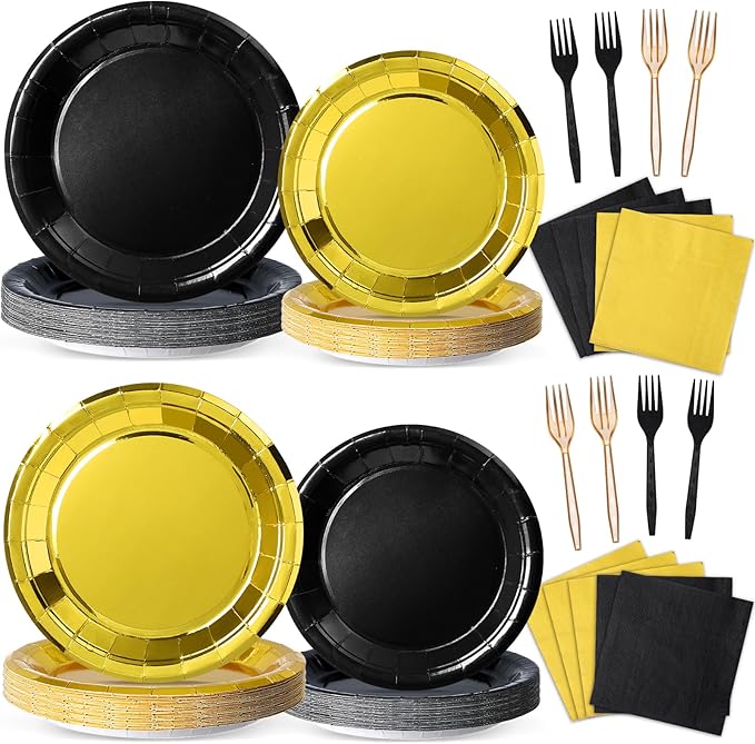 96Pcs Black and Gold Birthday Party Decorations Black and Gold Paper Plates and Napkins Sets Tablewares Dinnerwares for Graduation Wedding Birthday Baby Shower Party Supplies 24 Guest