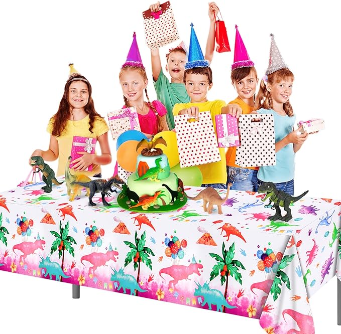 PHOGARY Pink Dinosaur Tablecloth - 3 Pack Plastic Table Cover, Girl's Party Supplies - Dino Theme Rex Decoration - 51" x 87"