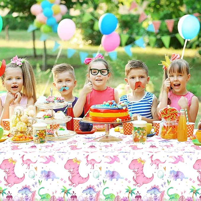 Letromp 3 Pieces Pink Dinosaur Birthday Tablecloths 54 x 108 Inch Watercolor Dinosaur Table Covers for Dino Theme Girls Baby Shower 1st 2nd 3rd 4th Birthday Party Supplies Table Decorations Favors