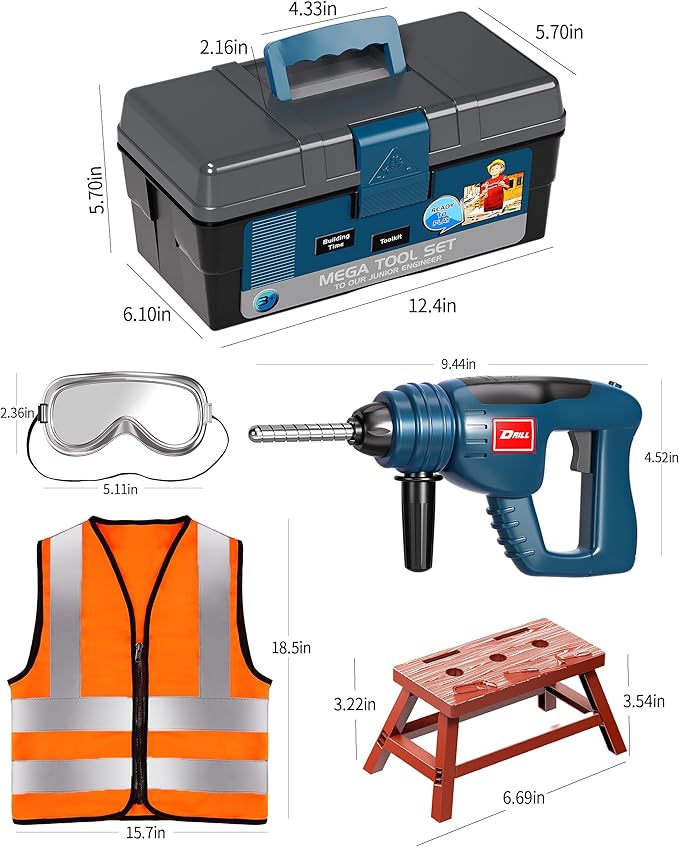 Deejoy Kids Tool Set with Electronic Toy Drill & Construction Vest Pretend Play Toys for 3 4 5 6 Year Old Boys, ABS Plastic Repair Toolkit with Large Storage Box (Blue)