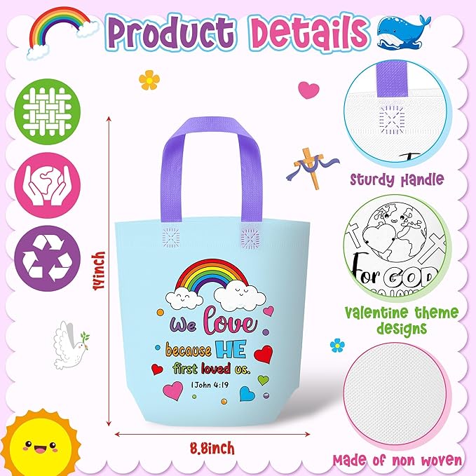 Cartoon Coloring Goodie Bags for Kids - 24Pcs Easter Religious Theme Bulk Color Your Own Gift Bags with Handle Christian Bible Reusable Non Woven Coloring Tote Packet for DIY Crafts Easter Party Favor