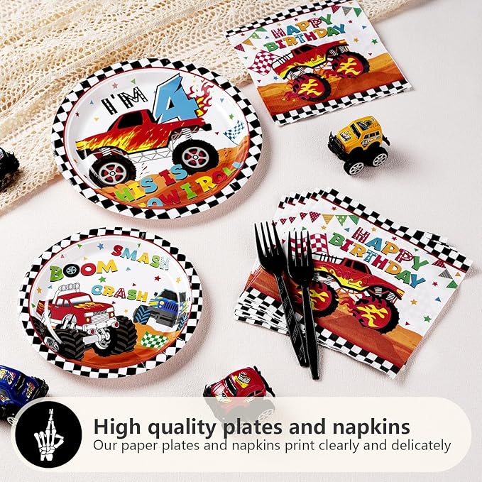 96 Pcs Monster Theme Truck 4th Birthday Party Supplies Monster Theme Truck Plates and Napkins Checkered Tableware Set Monster Birthday Decorations for 4th Kids Boys Monster Theme Truck Party Serves 24