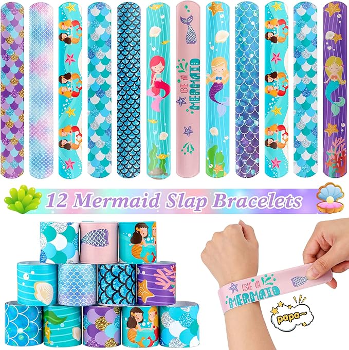 Mermaid Party Favors, 12 Pack Mermaid Birthday Party Supplies - Goodie Bags, Stickers, Scratch Art, Rings, Slap Bracelets, Keychains, Grow Animals for Party Decorations, Pinata Stuffers