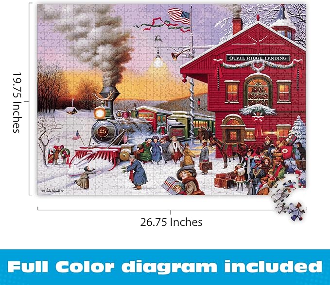 Buffalo Games – Whistle Stop Christmas Jigsaw Puzzle, 1000 Piece Puzzle for Adults, Festive Winter Train Art by Charles Wysocki