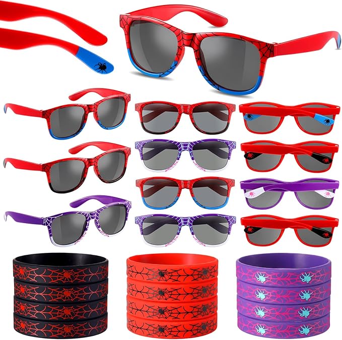 Kingdder 24 Pcs Spider Web Sunglasses and Silicone Wristbands Bracelets Spider Birthday Theme Party Favors Black Red Blue Party Decorations Supplies Gifts (Assorted)