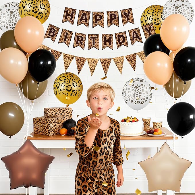 Leopard Birthday Decorations, Gold Cheetah Print Animal Balloons Brown Black and Heart Balloons, Cheetah Happy Birthday Banner for Safari Wild Birthday Baby Shower Jungle Zoo Theme Party Supplies