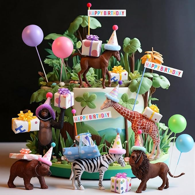 Weysat 37 Pcs Jungle Animal Birthday Party Decorations, Safari Animal Cake Toppers with Mini Hats Miniature Flags Gift Boxes Balls Figure Models for Wild Animals Birthday Party Supplies for Adults