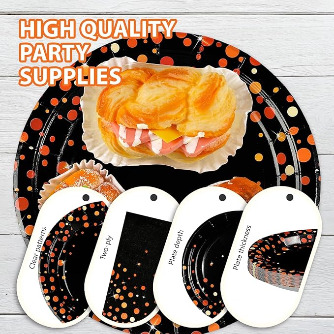 96Pcs Orange and Black Birthday Party Decorations Black Orange Polka Dot Plates and Napkins Sets for Birthday Wedding Bridal Shower Baby Shower Harvest Party Supplies Serves 24