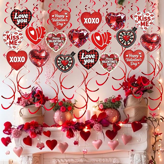 48 Pcs Red Heart Hanging Decor Set with Diamond, Disco Ball, Dartboard & XOXO Designs – Romantic Swirl Streamers for Valentine's Party, Anniversary, Holiday Celebration