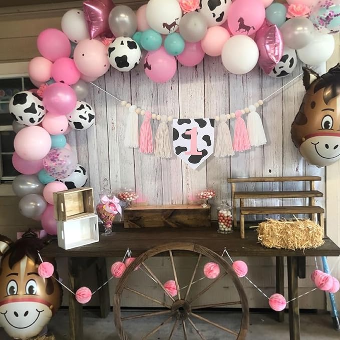 Holy Cow 1st Tassels Banner Birthday Decorations Girl - First Highchair Tassels Banner, High Chair Wood Beads Garland Party Supplies, Pink Black White, Photo Props, Handmade