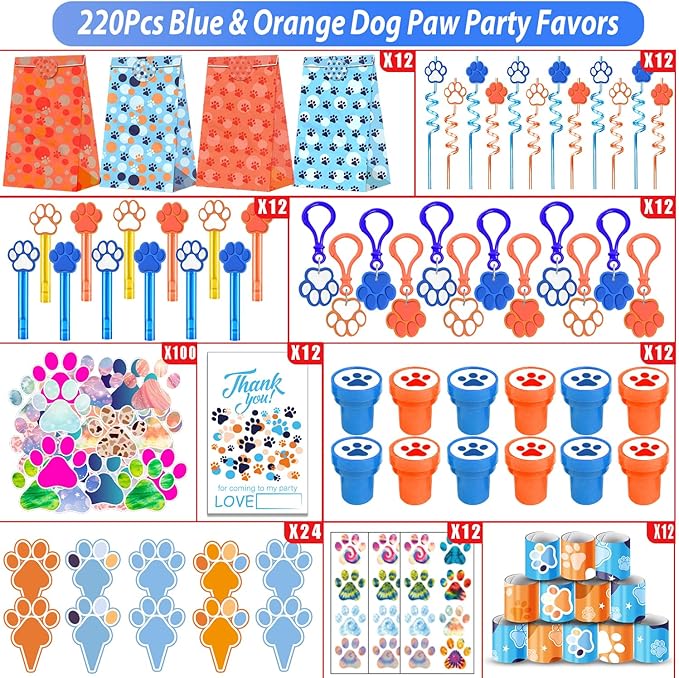 220PCS Blue and Orange Dog Paw Print Party Favors for Kids Theme Birthday Party Favors Decorations Supplies Goodie Bag Stuffer Pinata Filler Birthday Gifts
