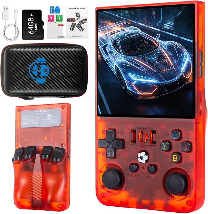 R36MAX Retro Handheld Game Console, 4.0 inch IPS HD Screen Retro Game Console with 4000mAh Battery, Portable Video Gaming Console with 64GB TF Card, Open Source Linux System, Support 30+ Emulators