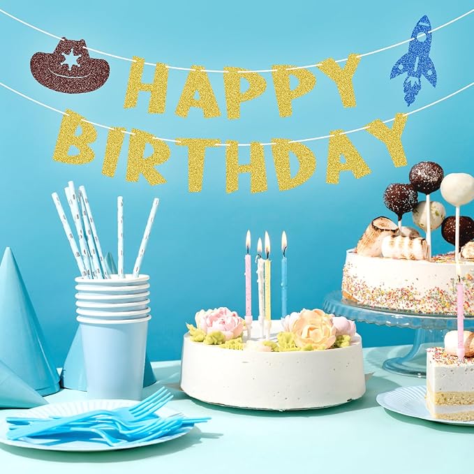 Glitter Toy Theme Happy Birthday Banner Cartoon Story Birthday Party Decorations Toy Inspired Game Space Theme Kids Birthday Banner Two Infinity and Beyond Bday Party Supplies
