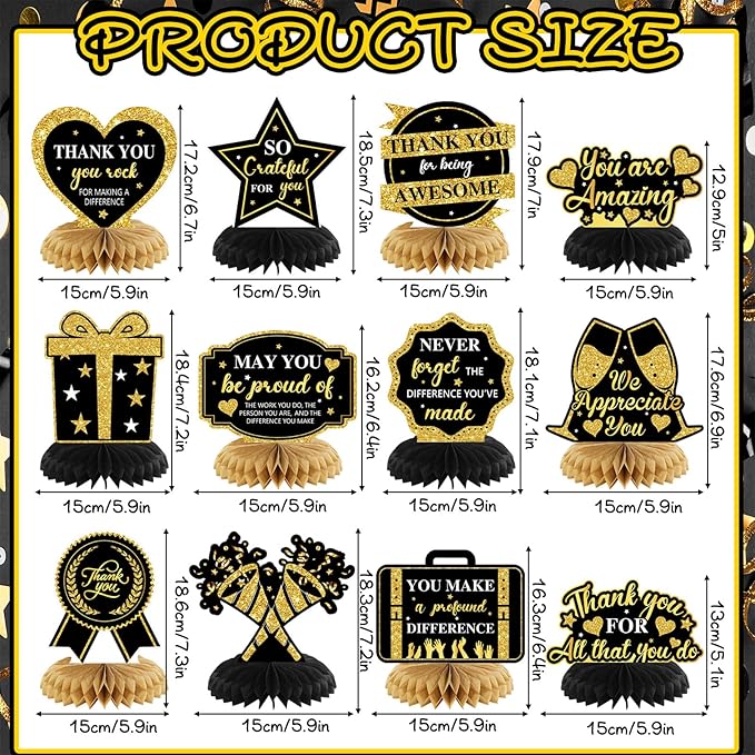 12 Pcs Thank You Decorations Honeycomb Centerpiece Employee Appreciation Decor We Appreciate You Table Decorations Thank Table Topper for Doctor Employee Party Supplies(Gold and Black)