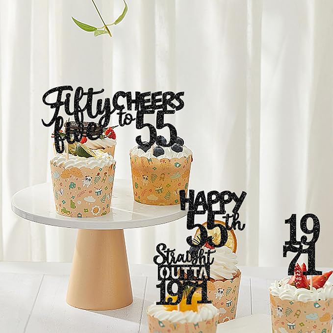 30PCS Black 55th Birthday Cupcake Toppers Glitter Fifty Five Happy 55 Straight Outta 1971 Cupcake Picks for Cheers to 55 Years 55th Birthday Anniversary Party Cake Decorations Supplies