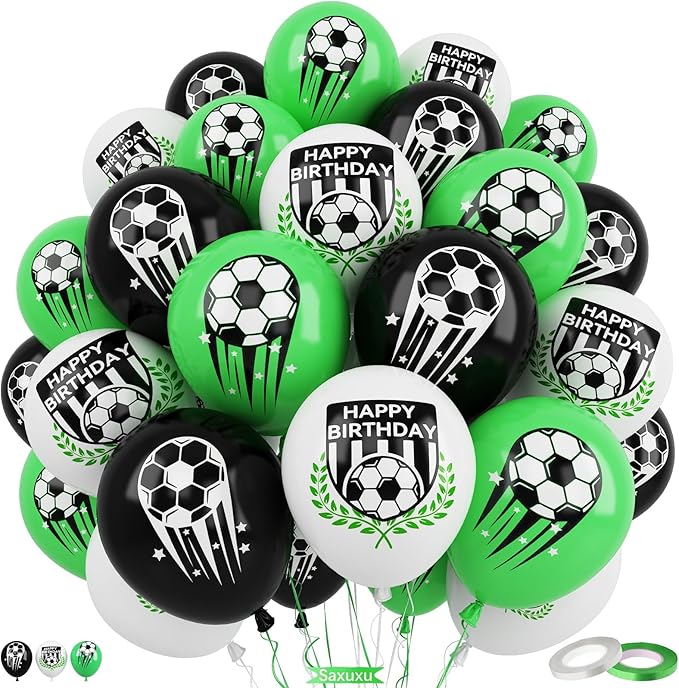 Soccer Balloons, 60Pcs 12 Inch Green White Black Soccer Party Latex Balloons for Kids Boy Soccer Birthday Sport Party Decorations Sports Themed Graduation Baby Shower Party Supplies