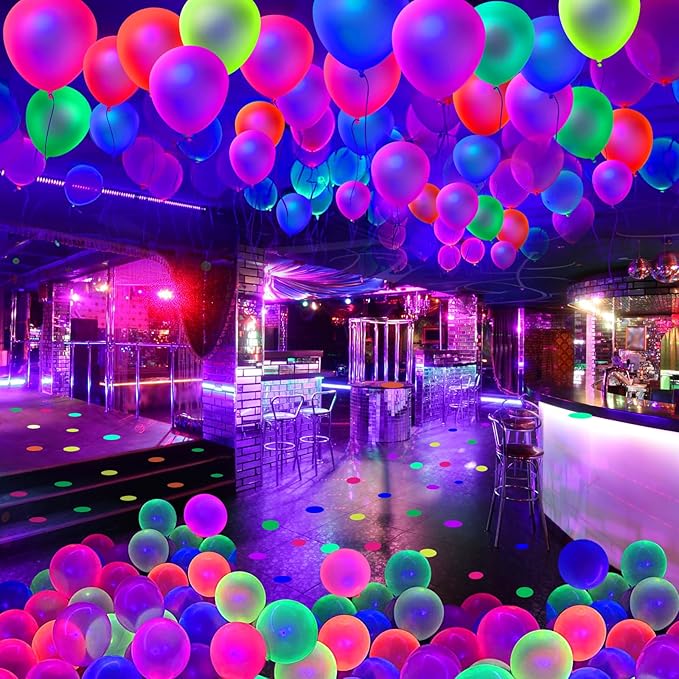 110 Pcs UV Neon Balloons, 7 Colors Blacklight Reactive Fluorescent Balloons Glow in the Dark Birthday Decorations for Birthday, Wedding, Neon Party, Glow Party Decorations Supplies