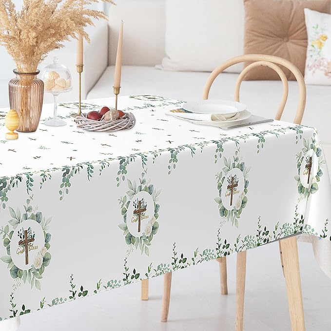 3Pcs God Bless Baptism Tablecloth, 54 x 108 Inch Eucalyptus Leaf Cross Religious Table Cover, Sage Green Plastic Tablecloth for Baby Showers, First Communion Decorations