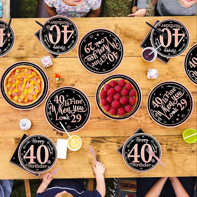 96Pcs 40th Black and Pink Birthday Party Supplies 40 Is Fine When You Look 29 Plates and Napkins Black and Pink Theme Tableware Set for Women 40th Birthday Party Decorations Serves 24
