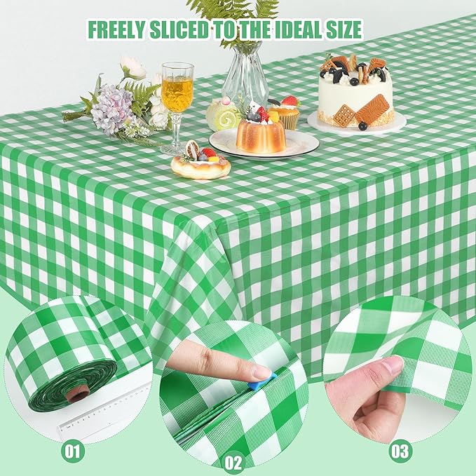 Kochorie 54 Inch x 300 Ft Light Green Checkered Plastic Table Cloth Roll Disposable Waterproof Table Cover Plastic Table Cover Roll with Easy Slide Cutter for Outdoor Picnic/Home Dining/Spring Party