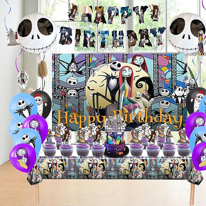 Birthday Party Decorations, Magical Wizard Pirate Halloween Horror Night Themed Party Supplies - Happy Birthday Banner, Balloons, Backdrop, Tablecloth, Cake Inserts Set-Black