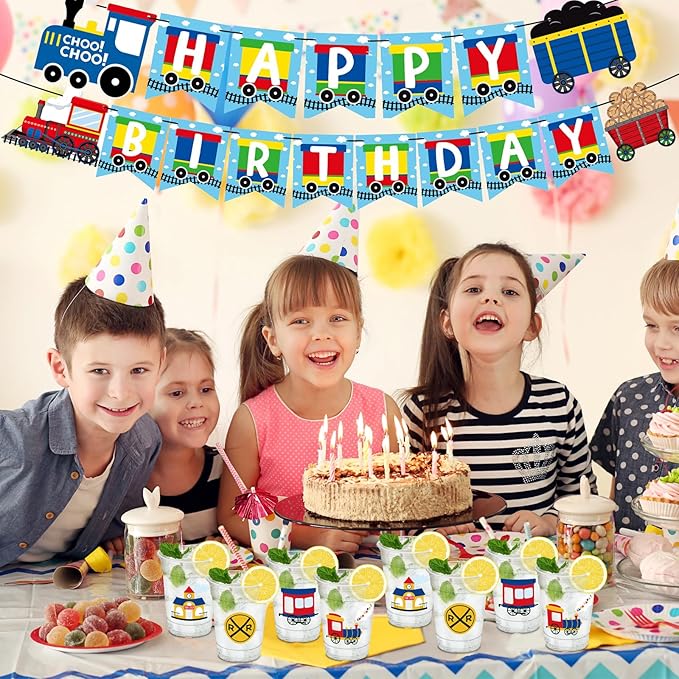 50Pcs Train Theme Party Cups, 12oz Train Plastic Cups for Birthday Party Supplies Table Decorations Favors