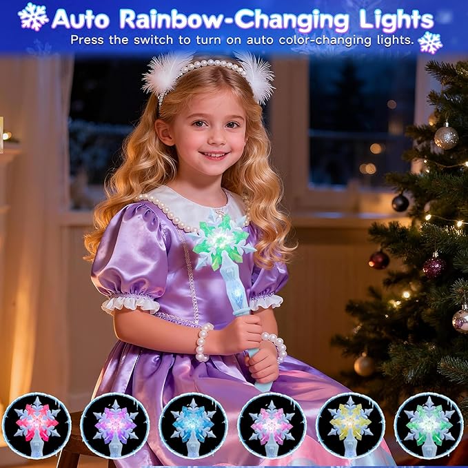 KingGlee Light Up Snowflake Wand with Music, Motion Sensitive Magic Princess Toy Wands for Kids Girls Birthday Roleplay Party Favor 2 Pack, Blue