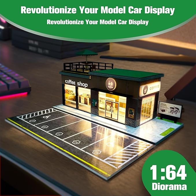 1/64 Model Car Display Shop Case for Adults, Premium in-House-Design Scale Diecast Parking Garage for Toy Cars, Toys Car Garage, Scenic Diorama Display Car Park with ith LED Lamps, Gifts for Men